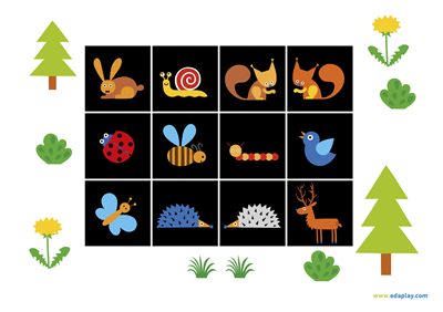 Play with cards: Animals in the forest:  Cards on the black background.