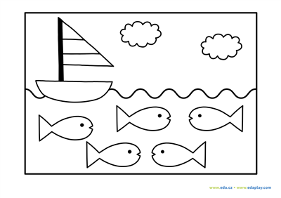 EDA PLAY - COLORING PAGE - WATER: SAILBOAT AND FISH - WHITE BACKGROUND