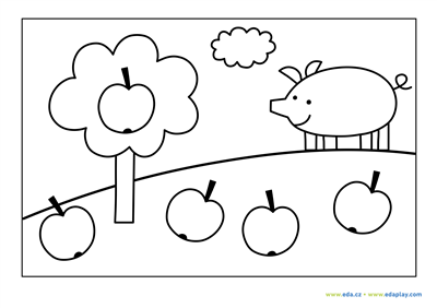 EDA PLAY - COLORING PAGE - ANIMALS: PIGLET AND FIVE APPLES - WHITE BACKGROUND