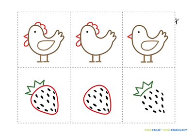 EDA PLAY - DRAW WHAT'S MISSING: CARDS WITH HENS AND STRAWBERRIES