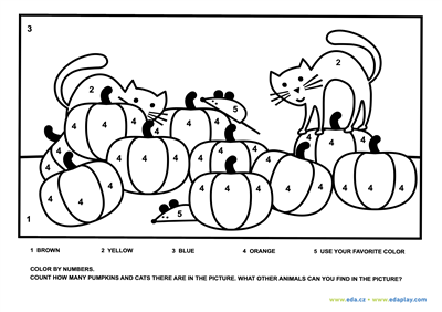 Halloween: EDA PLAY - color by numbers - ANIMALS HIDING IN A PILE OF PUMPKINS