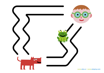 EDA PLAY - LET'S SOLVE THE MAZE: BOY, DOG anD FROG, WHITE BACKGROUND