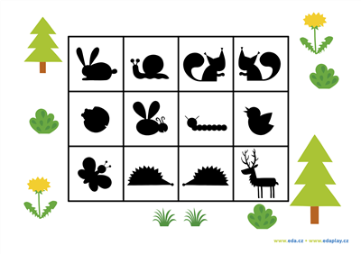 Free worksheets with animals in the forest: cards with shadows.