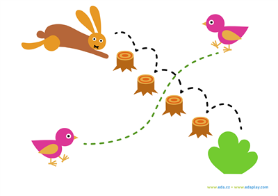 EDA PLAY - Trace the path: JUMPING HARE, WALKING BIRD, white background